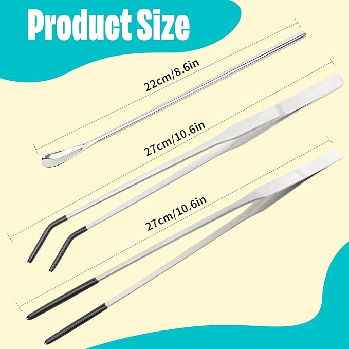 3 Pcs Stainless Steel Reptile Feeding Tool Set with 2 Rubber Tipped Tongs and 1 Crested Gecko Feeding Spoon, Crested Gecko Tank Accessories for Geckos, Lizards, Bearded Dragons, and Small Animals