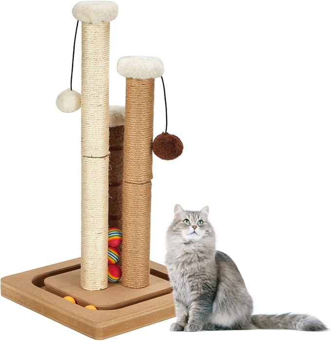 Cat Scratching Post Premium Natural Sisal Jute Carpet 3 Scratch Posts with Interactive Track Ball Base and Hanging Balls Toys Tall Kitten Scratcher for Indoor Kittens and Small Cats