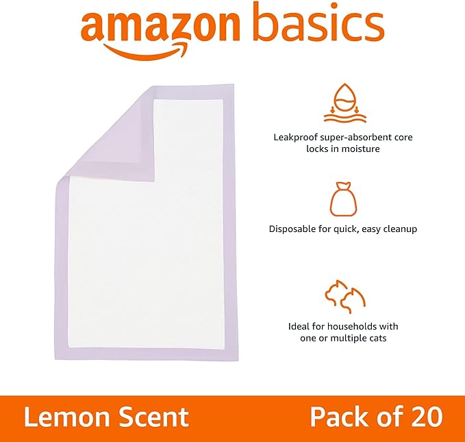 Amazon Basics Cat Pad Refills for Litter Box, Lemon Scent - Pack of 20, Purple and White