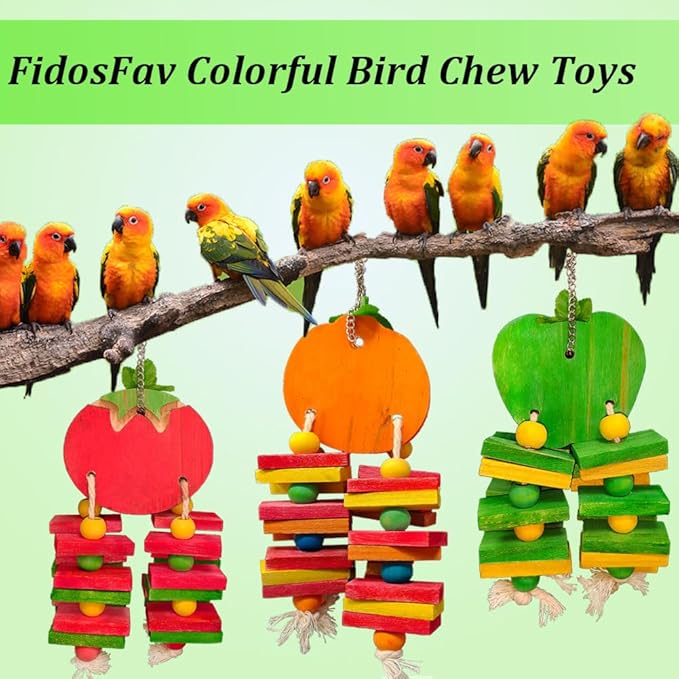 Bird Parrot Chewing Toys Bird Beak Grinding Wood Block Colorful Fruit Swing Toy for Parakeet Budgie Cockatiel Cockatoo Conure Finch Lovebird African Grey