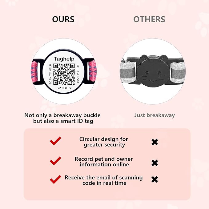 Reflective Cat Collar Personalized with Name ID Tag and Bell. QR Code Name Tag, Cat Smart ID Tag Breakaway.Ultra-Durable, Adjustable, Quick Release, Fits Most Cats (Pink B)