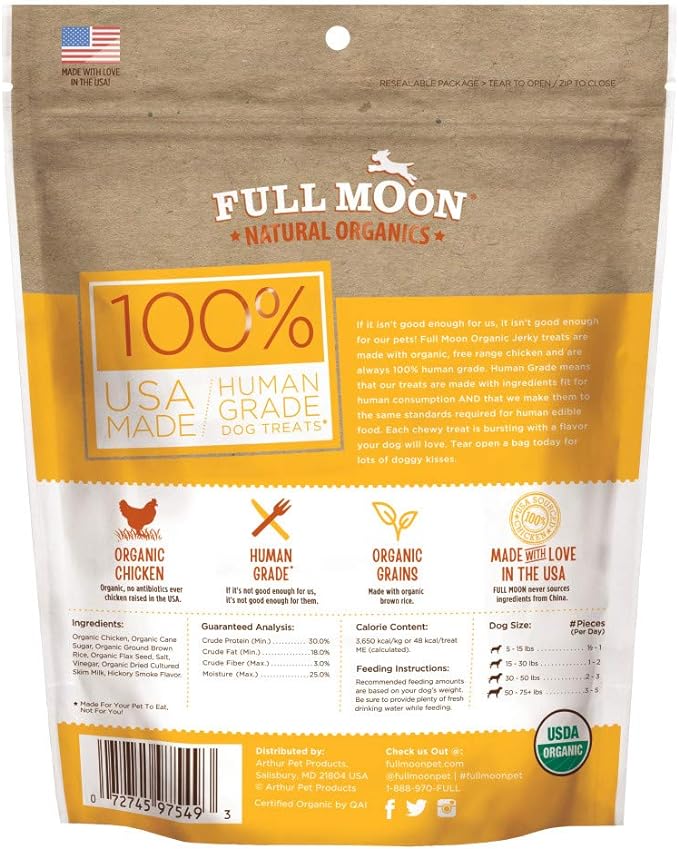 Full Moon USDA Organic Chicken Jerky Healthy All Natural Dog Treats Human Grade 16 oz