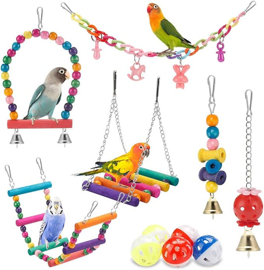 Bird Parakeet Toys,Swing Hanging Standing Chewing Toy Hammock Climbing Ladder Bird Cage Colorful Toys Suitable for Budgerigar, Parakeet, Conure, Cockatiel, Mynah, Love Birds, Finches