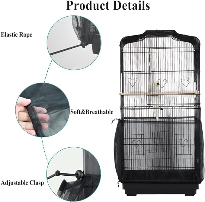 ASOCEA Bird Cage Seed Catcher,Universal Bird Cage Cover Skirt,Adjustable Parakeet Cage Nylon Mesh Netting for Round Square Cages Prevent Scatter and Mess- Black 78.7Inch (Not Include Birdcage)