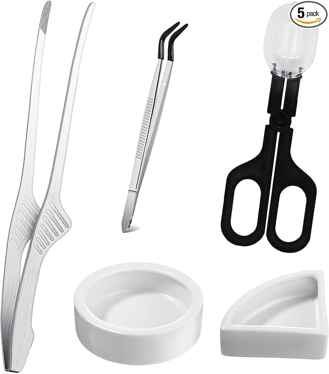 5Pcs Reptile Feeding Kit, 3Pcs Stainless Steel Feeding Tongs, Rubber Tipped Soft Tweezers, Bug Feeder Cricket Clamp, 2Pcs Reptile Food Dish Water Bowl for Reptiles,Gecko,Bearded Dragon, Spider