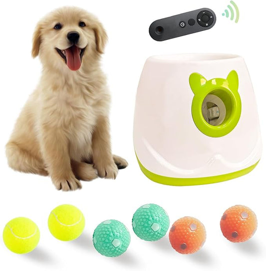 BESTHLS Automatic Ball Launcher for Dogs Interactive Tennis Ball Thrower Machine for Small Medium Dogs Fetching Distance 10-30ft, 6pc Balls Included (White2, with Remote)