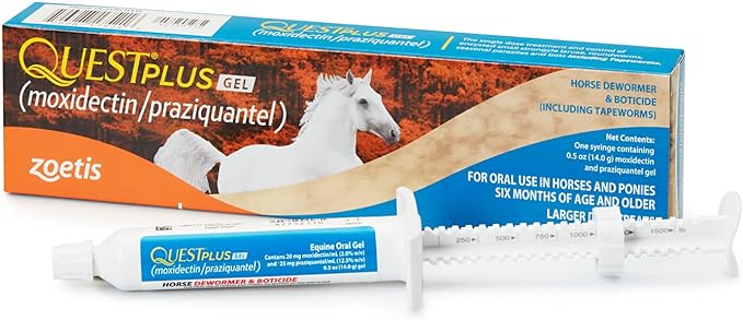 Quest Plus Gel Moxidectin/ Praziquantel Horse Dewormer, Late Grazing Season recommended for Horses and Ponies 6 months and older, 0.5oz Sure-Dial Syringe