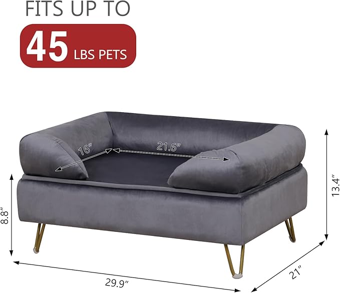 Dog Sofa Bed, Soft Velvet Fabric, Wooden Frame, Medium Dog Rest, Grey