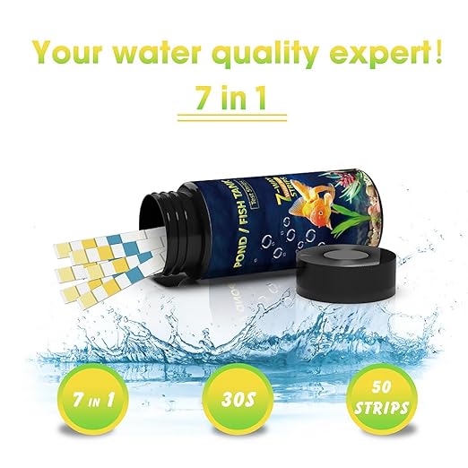 7-in-1 Aquarium Test Strips - 50 Strips Fish Tank and Pond Water Quality Test Kit for Carbonate, pH, Hardness, Chlorine, Alkalinity, Nitrite and Nitrate - Freshwater and Saltwater Testing