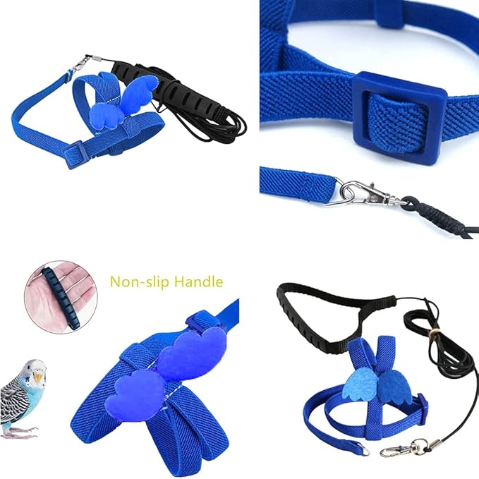 Birds Adjustable Harness and Leash, Parrot Outdoor Flying Training Traction Rope Straps with Cute Wing for Small Animal Birds, Parrots, Pigeons, Lizard, Turtles (M,Blue)