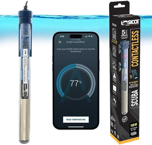 Sicce Scuba 100 Watt Aquarium Fish Tank Heater Smartphone Controlled via NFC Contactless App Adjustable | 100W Submersible for Marine Saltwater and Freshwater | Run Dry Protection