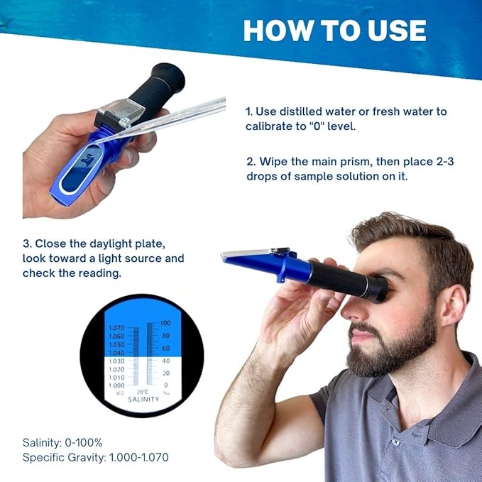 Professional Salinity Premium Refractometer for Seawater, Marine Fishkeeping Aquarium, Pools, and Tanks, 0-100 PPT Salinity Tester with Automatic Temperature Compensation (ATC)