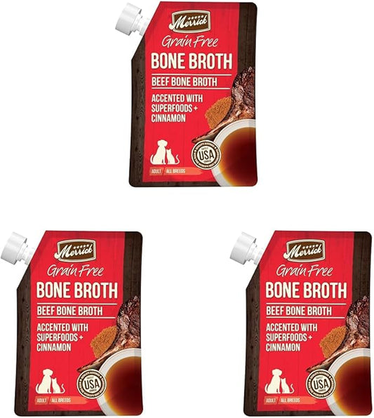 Merrick Grain Free Bone Broth, Premium Human Grade And Gluten Free Dog And Cat Food Topper Pouches, Beef - 16 oz. Pouch (Pack of 3)