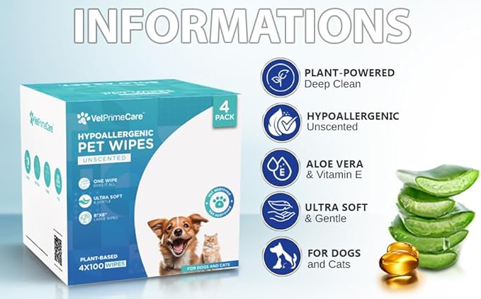 Pet Grooming Wipes for Dogs & Cats, 8” x 8” Plant-Based Hypoallergenic Wipes for Cleaning & Deodorizing, Suitable for Pets Body Like Face, Paws, Belly, and Butt, Unscented - 400 Count