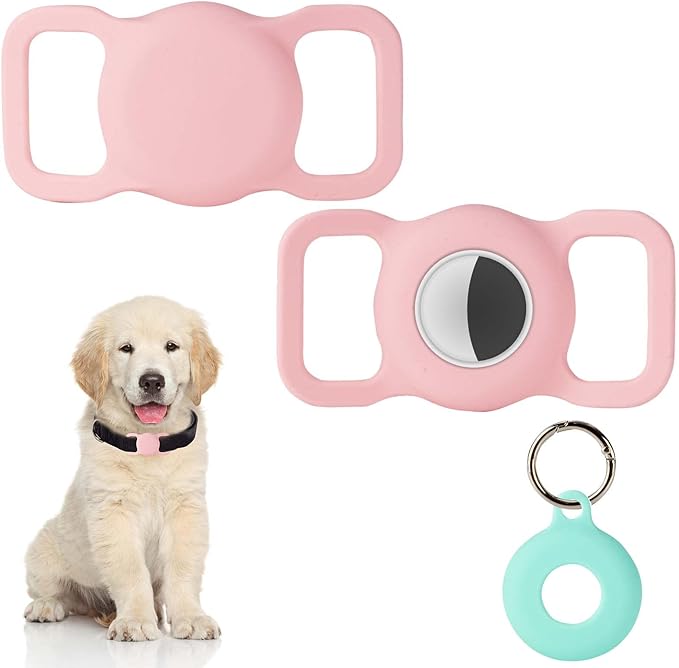 PuppyDoggy 2 Pack Airtag Holder for Collar, Dog Cat Tracker Case, Silicone Airtag Case Waterproof, Scratch-Resistant, Anti-Lost & 1 Pack AirTag Keychain Holder for Bag, Suitcase (Large, Pink)