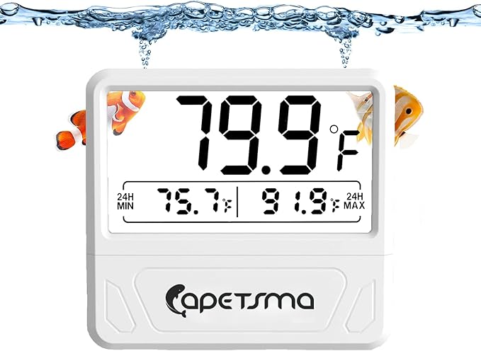 Digital Aquarium Thermometer, capetsma Fish Tank Thermometer Records The Highest & Lowest Temp in 24 hrs, Accurate Temperature Gauge for Fish Tank, Large LCD Screen, C/F Switch.