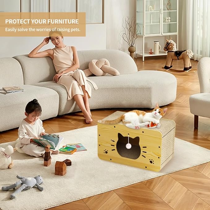 Cat Scratcher House, Cat Condo with Cat Scratcher Board, Hanging Ball Toy and Cat Scratching Pad, Large Space Cardboard Cat Bed Cave，Suitable for Cats to Rest&Scratching Cat Scratch Pad