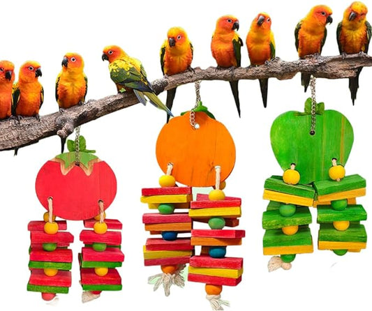 Bird Parrot Chewing Toys Bird Beak Grinding Wood Block Colorful Fruit Swing Toy for Parakeet Budgie Cockatiel Cockatoo Conure Finch Lovebird African Grey