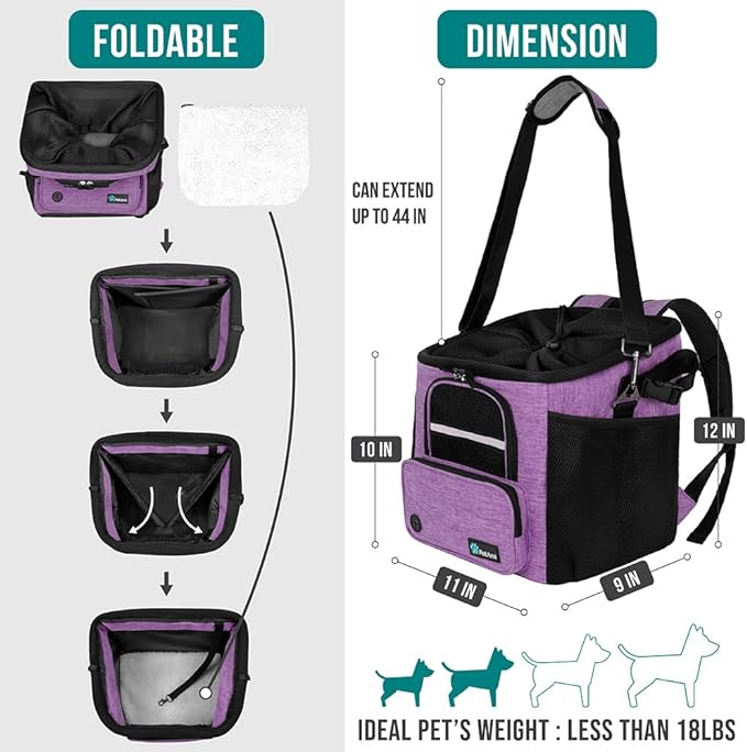 PetAmi Dog Bike Basket, Soft-sided Ventilated Dog Bike Carrier Backpack, Dog Pet Bicycle Basket for Bike Handlebar, Small Medium Puppy Cat Kitten Car Booster Seat with Safety Strap (Purple)
