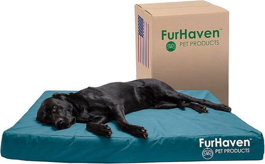 Furhaven Water-Resistant Orthopedic Dog Bed for Large Dogs w/ Removable Washable Cover, For Dogs Up to 125 lbs - Indoor/Outdoor Logo Print Oxford Polycanvas Mattress - Deep Lagoon, Jumbo Plus/XXL