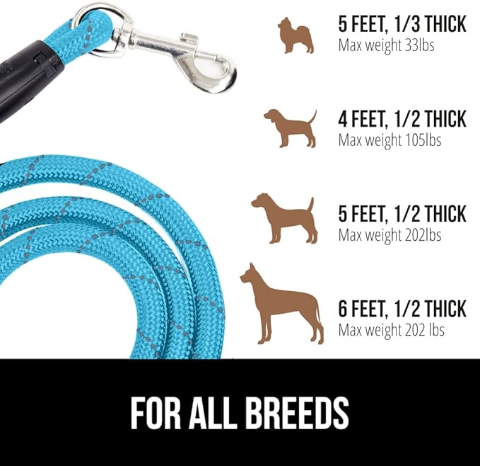 Gorilla Grip Heavy Duty Dog Leash, Soft Handle, Strong Reflective Rope for Night Pet Walking, Small Medium Large Animals, Durable Puppy Training Leashes, Rotating Metal Clip, Waste Bag Dispenser, Blue