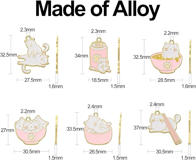 KitBeads 12pcs 6 Styles Cat Charms Enamel Pet Food Charms Drink Noodle Chopsticks Cute Animal Pink Kitten Charms for Jewelry Making Bulk