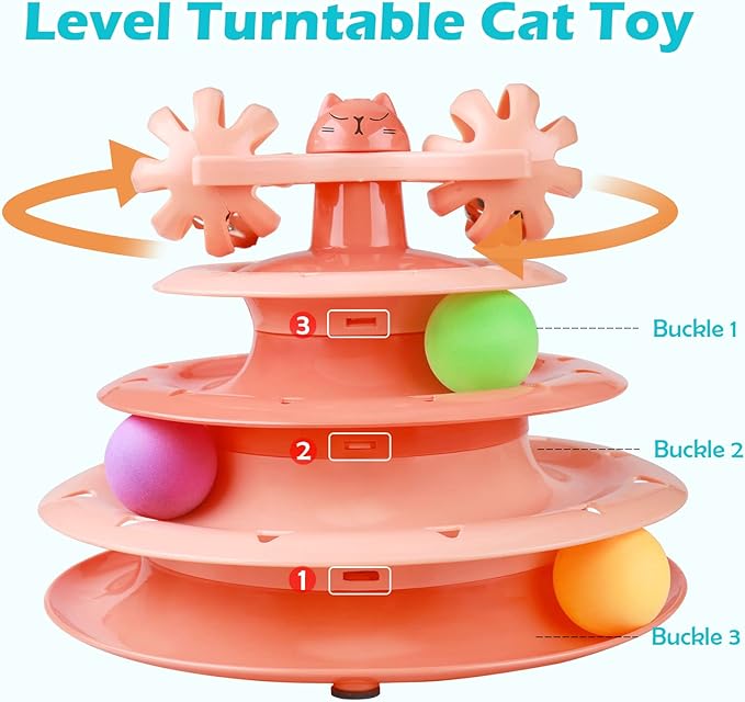 UPSKY Cat Toy Roller 4-Level Turntable Cat Toy Balls with Three Colorful Balls and Bell Ball X Turntable Interactive Kitten Fun Mental Physical Exercise Puzzle Toys.