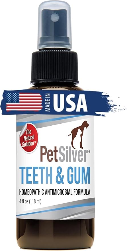 PetSilver Teeth & Gum Spray, Patented Chelated Silver, Dog Teeth Cleaning, Natural Dog Breath Freshener, Cat Teeth Cleaning Without Brushing, Dog Dental Spray, Made in The USA, 4 oz.