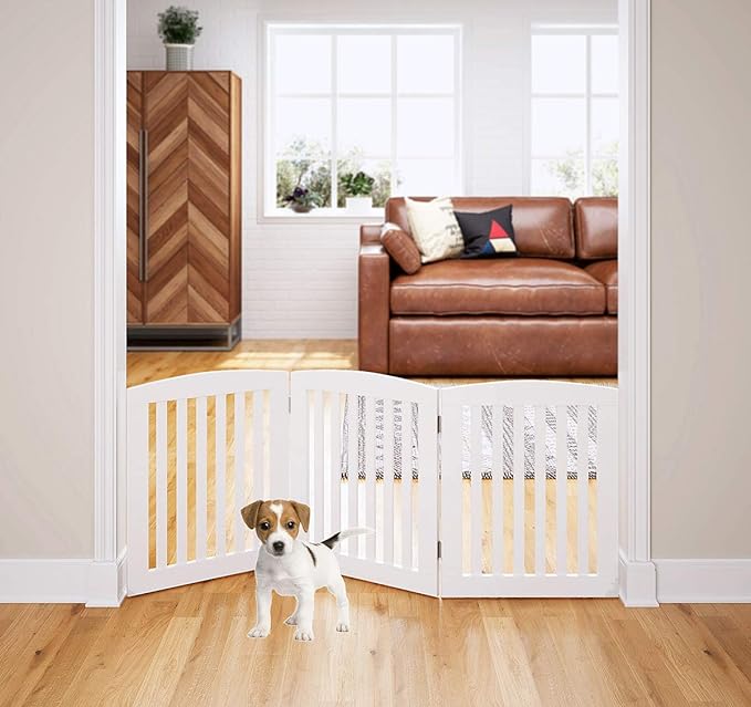 PAWLAND Wooden Freestanding Foldable Pet Gate for Dogs, 24 inch 3 Panels Step Over Fence, Dog Gate for The House, Doorway, Stairs, Extra Wide (White, 24" Height-3 Panels)