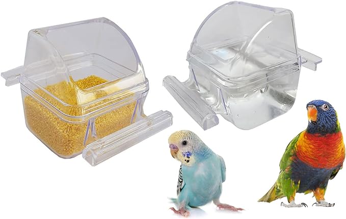 2 Pack Bird Feeders for Cage No Mess Parakeet Food Bowl with Cover Clear Hanging Parrot Water Dispenser Perch Cup Waterer Bird Dishes Seed Cage Cups Slot Replacement Feeder Bowls