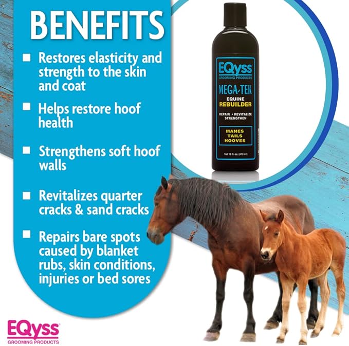 EQyss Mega-Tek Equine Horse Rebuilder - Repair & Strengthen Dry Hooves, Manes, Tails - Reduce Hair Breakage, Condition Blanket Rubs, Bed Sores (16 oz)