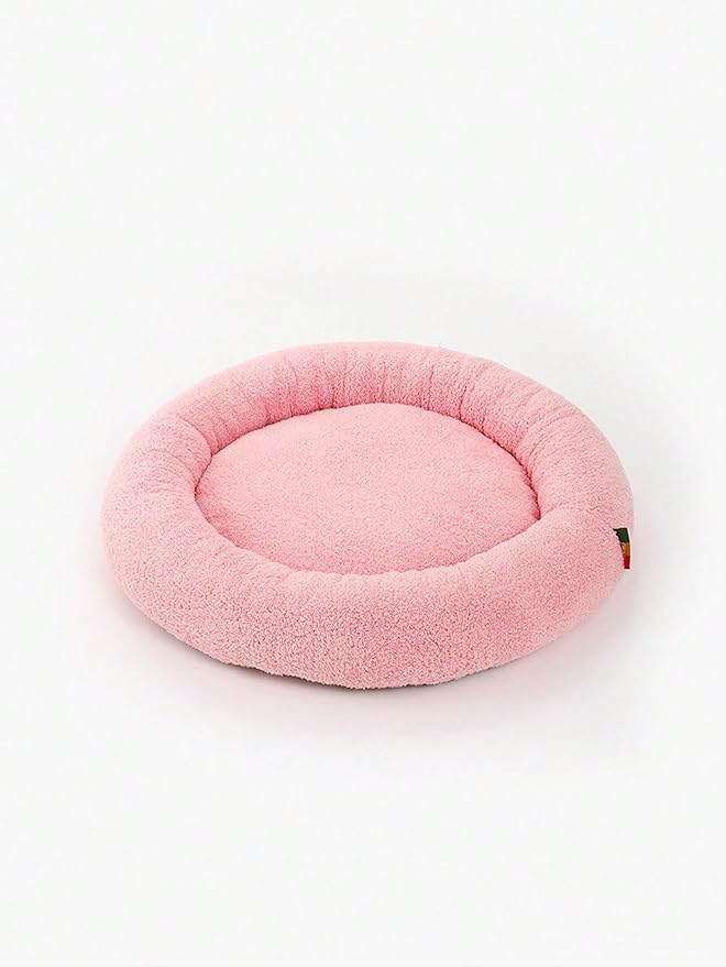 QWINEE Cat and Dog Cushion Bed Mat Plush Puppy Kitten Beds Round Bed Anti-Slip Pet Sleeping Bed for Small Medium Dog Cat Kitten Pink L