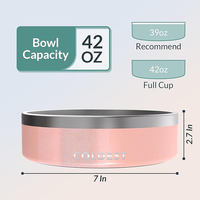 Coldest Dog Bowl, Anti Rust Metal & Non Slip Dog Bowls Large, Spill Proof Heavy Duty 3 Layers Insulated Dog Bowl, Food & Water Bowl for Dogs, Cats, Dishwasher Safe (42 oz, Forever Pink Glitter)