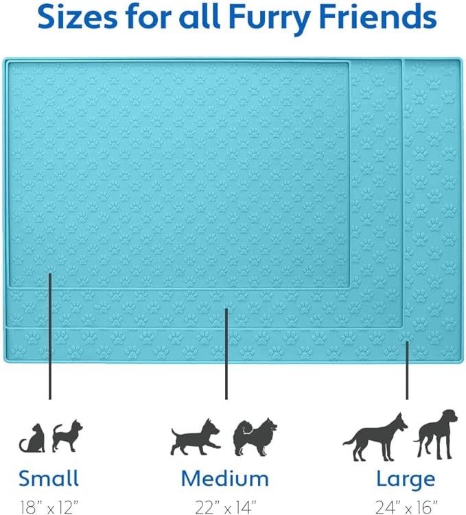 MIGHTY MONKEY 100% Waterproof Dog Food Mat, Raised Edges Silicone Pet Feeding Placemat for Cat, Dogs, Pet Bowls, High Lipped Tray Prevents Water Spills, Food on Floor, Dishwasher Safe, 24x16 Turquoise