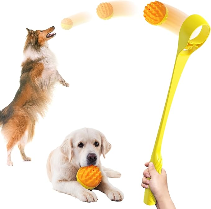 Dog Ball Thrower launcher Interactive Dog Toy with Vocal Cue Ball includes 6.2CM(2.44") Medium Herding Ball & 49.3CM(19.4") Non-slip Handle Yellow