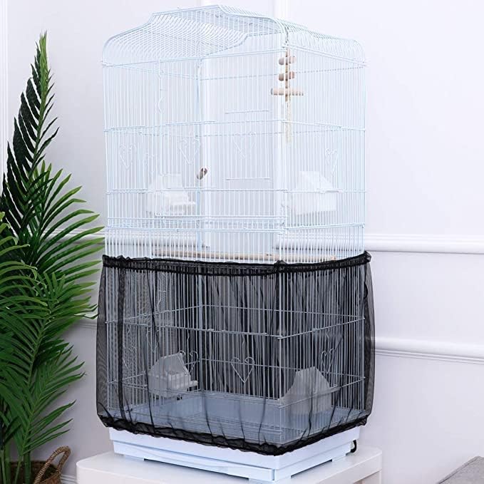 Adjustable Birdcage Seed Catcher Feather Catcher Bird Cage Cover Net Airy Soft Skirt Guard Birdcage Nylon Mesh Netting for Parrot Macaw Parakeet Round Square Cage (118 x 16 Inch, Black)