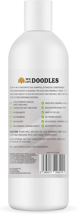 USDA Organic Dog Shampoo, Conditioner & Detangler - Best Shampoo for Goldendoodles, Poodles & Doodles - for Matted Pet Hair - Sensitive Skin Shampoo for Puppies - Made in The USA, 16OZ (Unscented)