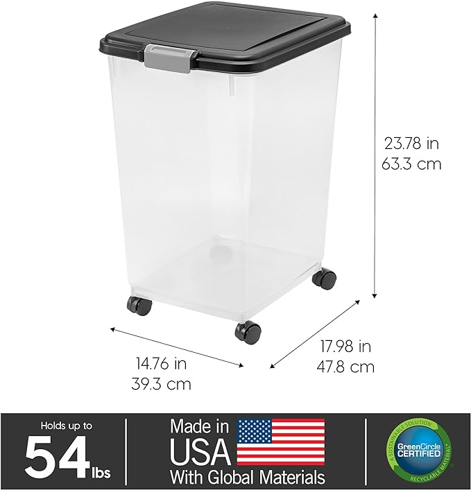 IRIS USA WeatherPro Airtight Dog Food Storage Container, Up to 54 lbs, Attachable Wheels, For Dog Cat Bird and Other Pet Food Storage Bin, Keep Fresh, Translucent Body, Easy Mobility, Black