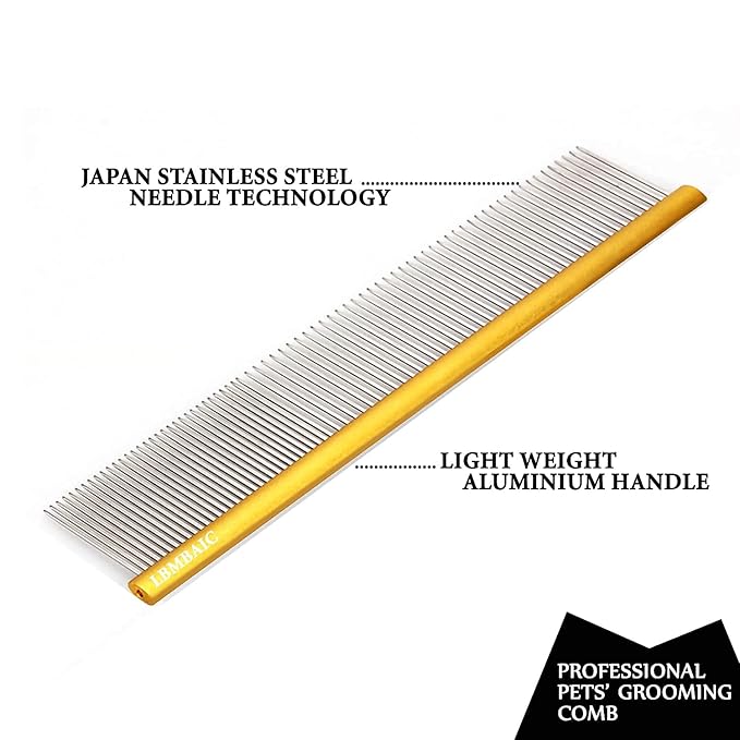 Professional Dog Grooming Comb For Shedding Tangles,Knots,Mats.Metal Dog Comb with Long and Wide Tooth Metal Comb for Long Hair Dogs and Cats.No Hurt Pets Skin.7.5INCHES.(Gold)-1PC