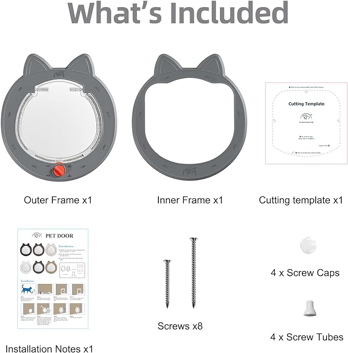 Cat Door with 4 Way Lock,Weatherproof Pet Door for Interior or Exterior Doors, Easy to Install. Grey.