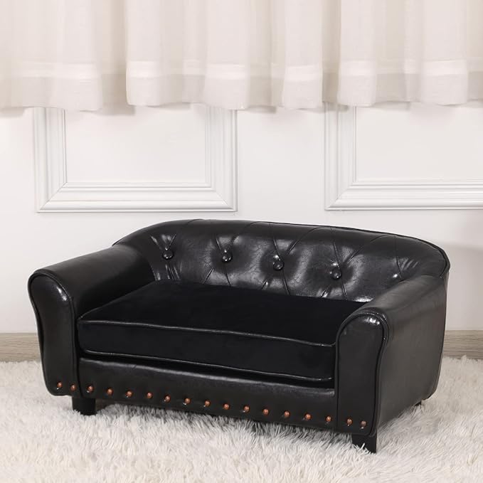 Dog Sofa and Chair/Luxury PU Leather Pet Sofa Chair/with Copper Nail Dog Couch/Wooden Frame Cat Sofa Chair/Dog Sofa Bed with Suede Cushion for Small Dog Using(Black)