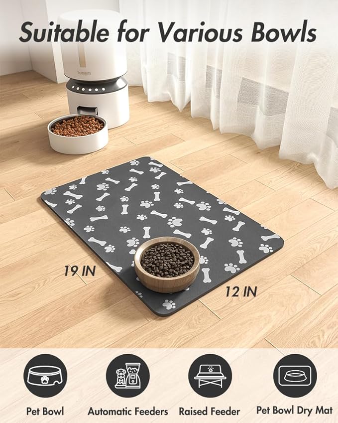 Pet Feeding Mat-Absorbent Dog Food Mat-Dog Mat for Food and Water-No Stains Quick Dry Dog Water Dispenser Mat-Pet Supplies-Dog Placemat Dog Water Bowl for Messy Drinkers 12"X19" DARK GREY