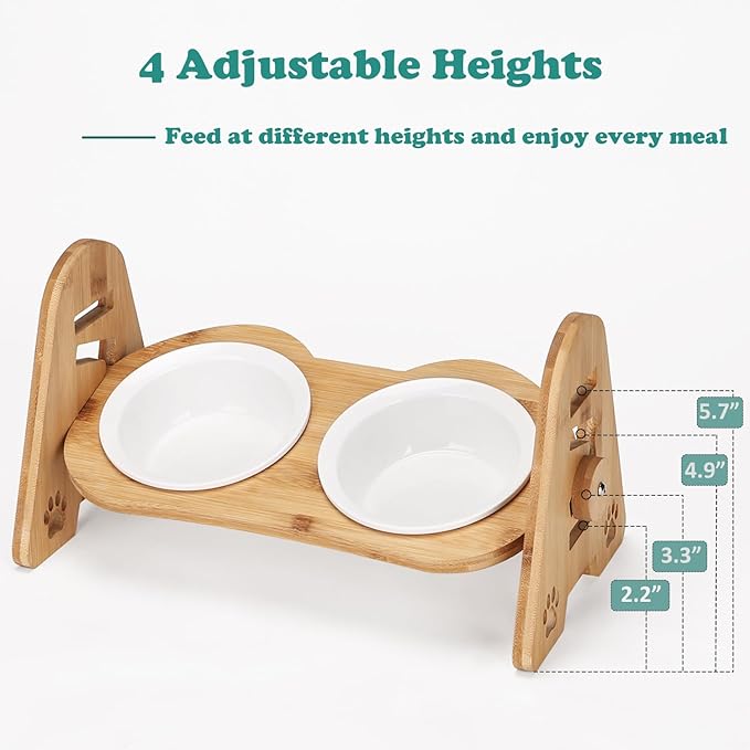 Raised Cat Food Bowls, 2 Elevated Ceramic Bowls 15° Tilted Orthopedic Feeding Dishes Solid Bamboo Pet Bowls Feeder Set for Cats and Puppy Feeding Station Kitty Bowl Set for Food and Water