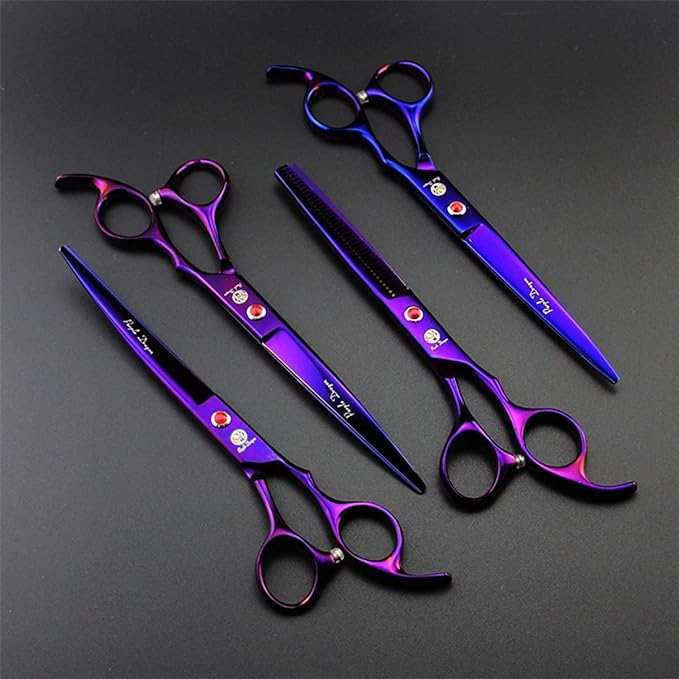 Purple Dragon Professional 7.0 inch 4PCS Pet Grooming Scissors Kit Japan Premium Steel Straight & Curved & Thinning Blade Dog Hair Cutting Shears Set with Case