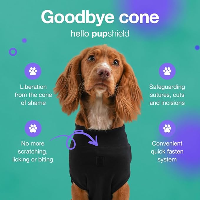 PupShield - Dog Surgery Recovery Suit for All Dog Sizes - Easy Use Anti Lick - Spay & Neuter Recovery Suit, Surgical Onesie for Dogs - Dog Cone Alternative (Black, Medium/Large (Weight:50-80 LBS))