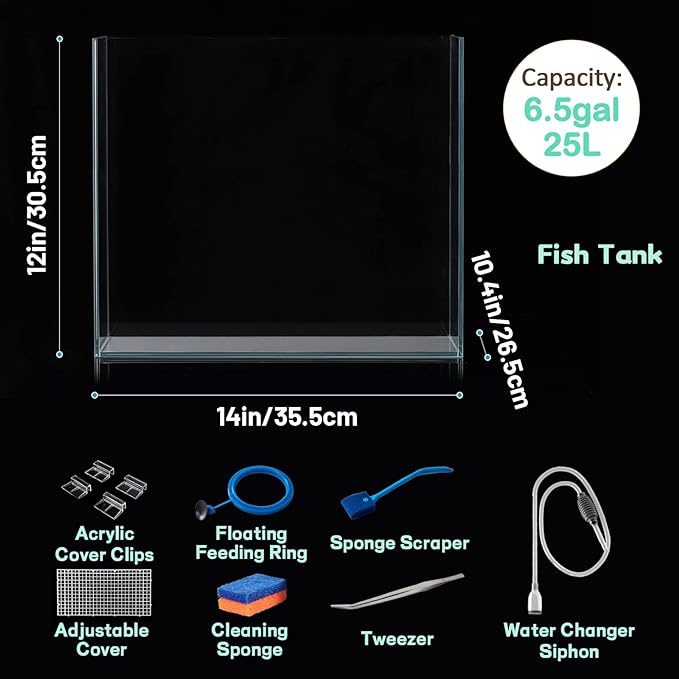 6.5 Gallon Ultra Clear Glass Fish Tank, Rimless Low Iron Aquarium for Betta/Nano/Goldfish/Snail/Shrimp, Fish Tank & Cover Set & Feeding Ring & Cleaning Tools