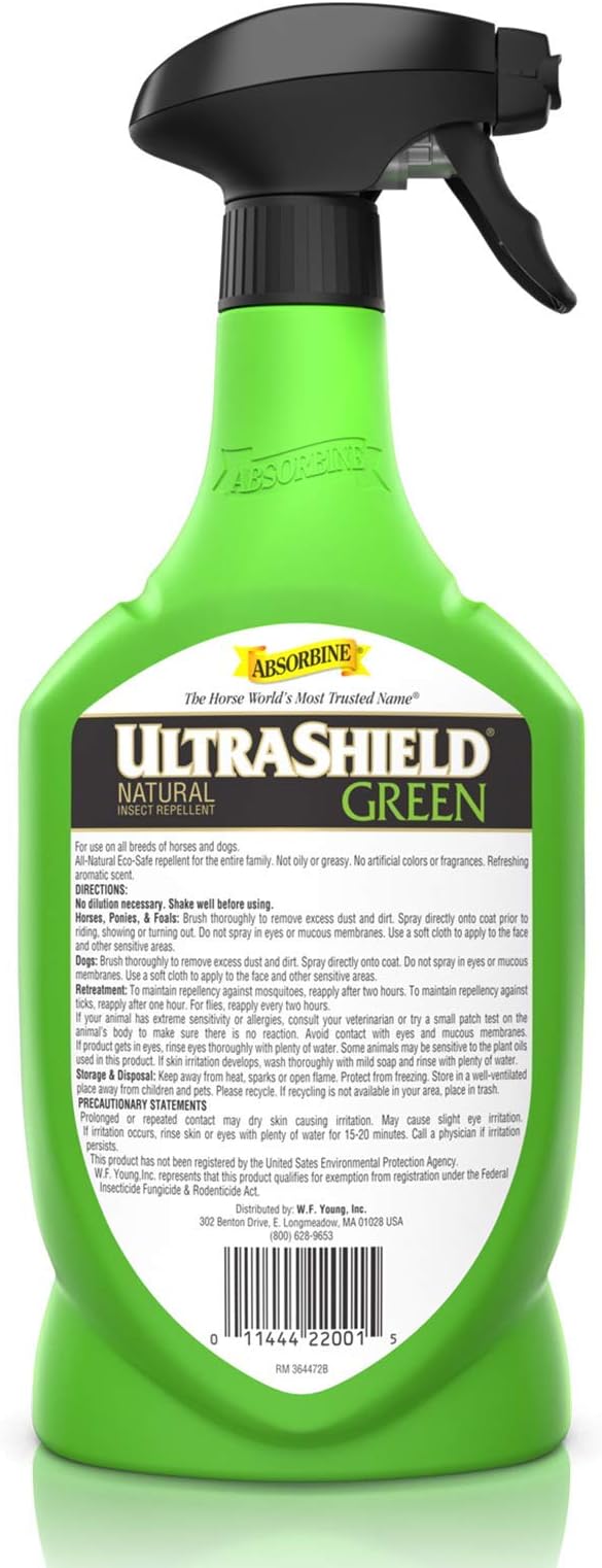 Absorbine UltraShield Green All-Natural Fly & Insect Repellent for Horses & Dogs, Essential Oils Repel & Control, 32oz Spray Bottle