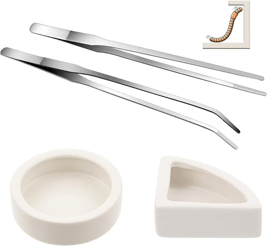 2 Pcs Reptile Water Dish, Bearded Dragon Food Bowl, Ceramic Reptile Dish, Reptile Food Dish Bowl with 2pcs Long Handle Tweezers, Worm Water Dish Feeder for Bearded Dragon, Gecko, Lizard