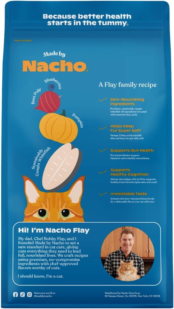 Made by Nacho Bone Broth Infused Dry Cat Kibble - Skin and Coat Support, Sustainably Caught Whitefish and Pumpkin - Premium Grain-Friendly Cat Food 4lb Bag, Limited Ingredients