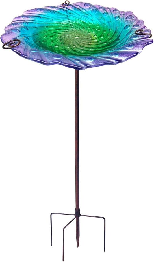 Bird Bath, Glass Bird Bath for Outside, Birdbaths for Outdoors Bird Feeders Bowl with Metal Stake, Water Flow Ripple Bird Baths Outdoor Décorations, Standing Small Birdbath Bowl for Outside-Colorful